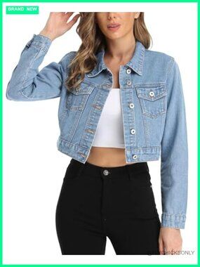 Women's Cropped Denim Jacket Button Up Flap Pockets No Stretch, Cowboy Cut